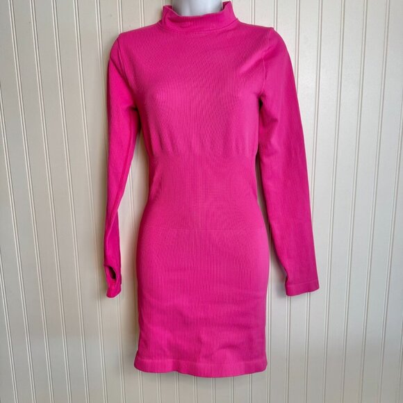 OQQ Bright Pink Ribbed Mock Neck Long Sleeve Tummy Control Mini Dress Large N44 - Picture 2 of 6